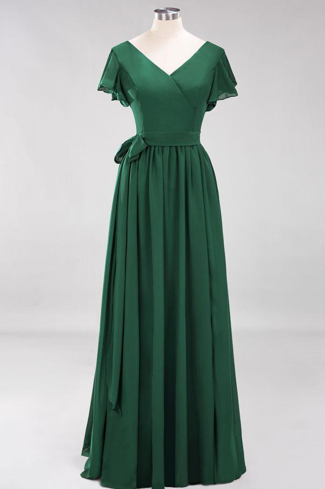 Misshow Elegant A-line V-Neck Short Sleeve Bridesmaid Dresses with Bow Sash Floor-Length Chiffon Evening Dress