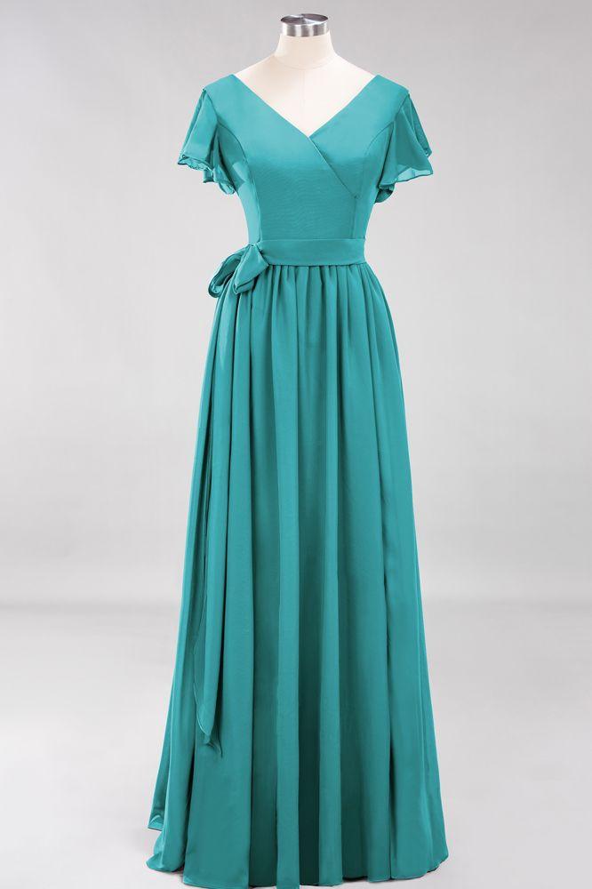Misshow Elegant A-line V-Neck Short Sleeve Bridesmaid Dresses with Bow Sash Floor-Length Chiffon Evening Dress