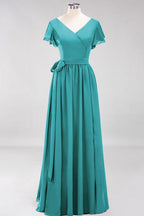Misshow Elegant A-line V-Neck Short Sleeve Bridesmaid Dresses with Bow Sash Floor-Length Chiffon Evening Dress