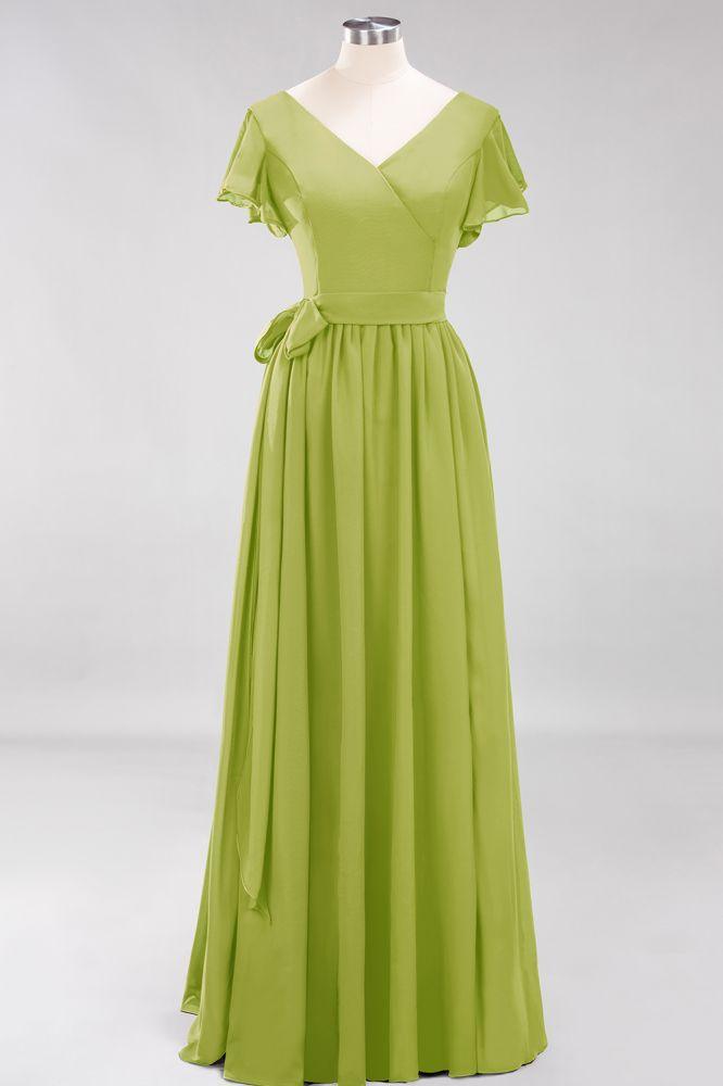 Misshow Elegant A-line V-Neck Short Sleeve Bridesmaid Dresses with Bow Sash Floor-Length Chiffon Evening Dress