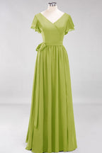Misshow Elegant A-line V-Neck Short Sleeve Bridesmaid Dresses with Bow Sash Floor-Length Chiffon Evening Dress
