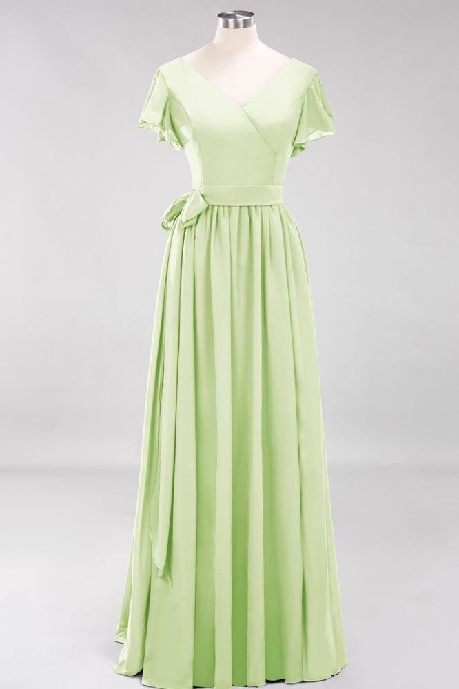 Misshow Elegant A-line V-Neck Short Sleeve Bridesmaid Dresses with Bow Sash Floor-Length Chiffon Evening Dress