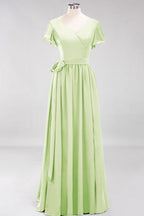 Misshow Elegant A-line V-Neck Short Sleeve Bridesmaid Dresses with Bow Sash Floor-Length Chiffon Evening Dress