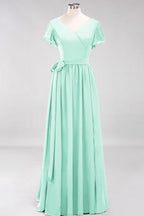 Misshow Elegant A-line V-Neck Short Sleeve Bridesmaid Dresses with Bow Sash Floor-Length Chiffon Evening Dress