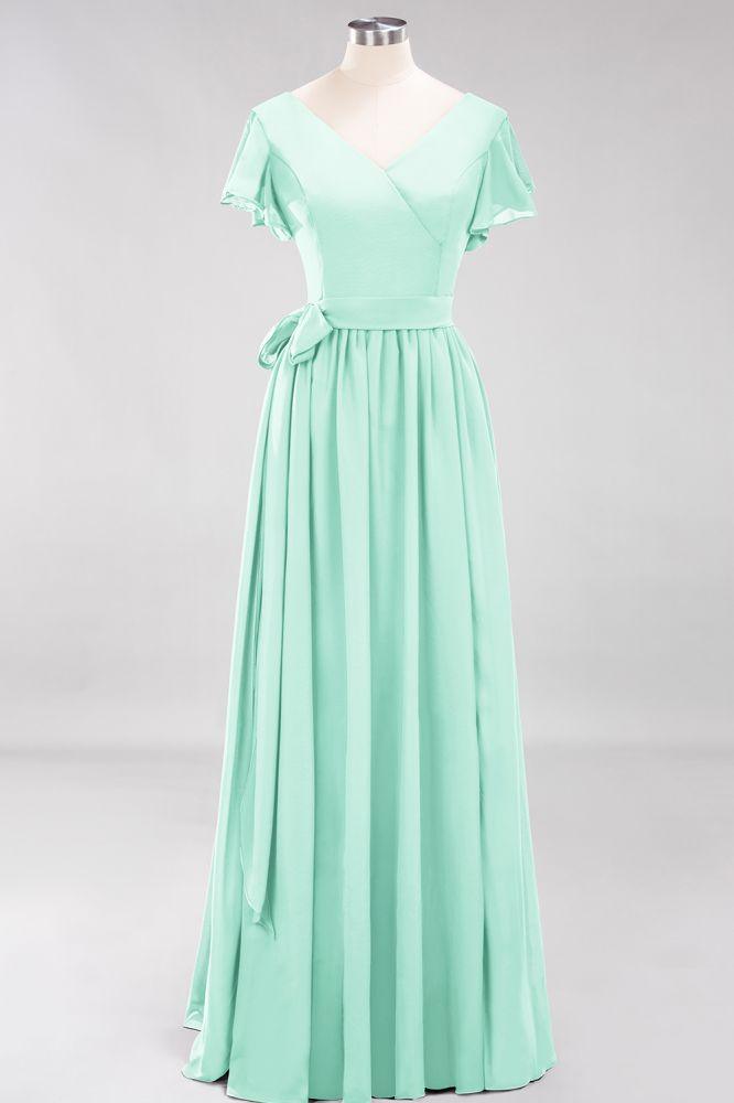 Misshow Elegant A-line V-Neck Short Sleeve Bridesmaid Dresses with Bow Sash Floor-Length Chiffon Evening Dress