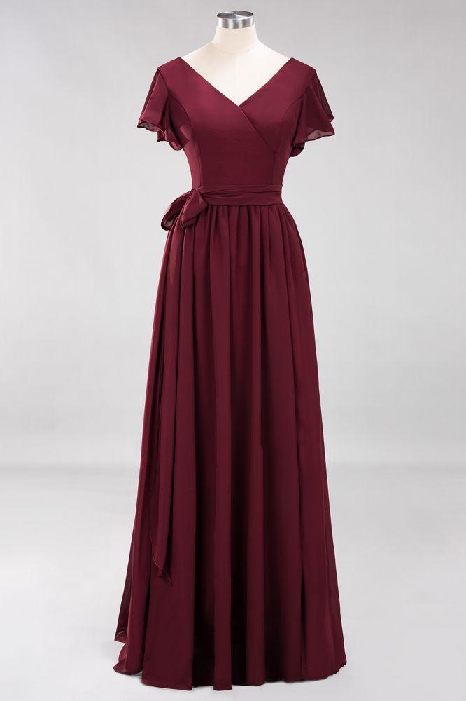 Misshow Elegant A-line V-Neck Short Sleeve Bridesmaid Dresses with Bow Sash Floor-Length Chiffon Evening Dress