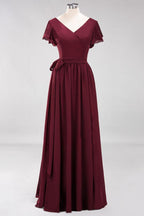 Misshow Elegant A-line V-Neck Short Sleeve Bridesmaid Dresses with Bow Sash Floor-Length Chiffon Evening Dress