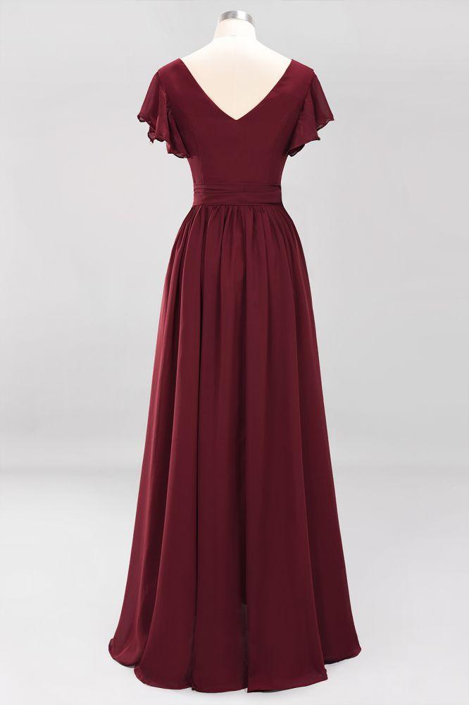Misshow Elegant A-line V-Neck Short Sleeve Bridesmaid Dresses with Bow Sash Floor-Length Chiffon Evening Dress