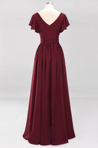 Misshow Elegant A-line V-Neck Short Sleeve Bridesmaid Dresses with Bow Sash Floor-Length Chiffon Evening Dress