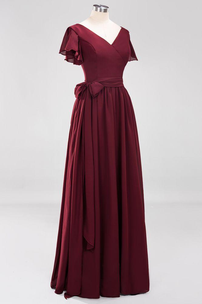 Misshow Elegant A-line V-Neck Short Sleeve Bridesmaid Dresses with Bow Sash Floor-Length Chiffon Evening Dress
