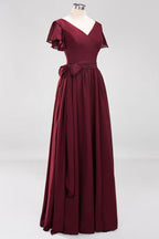 Misshow Elegant A-line V-Neck Short Sleeve Bridesmaid Dresses with Bow Sash Floor-Length Chiffon Evening Dress