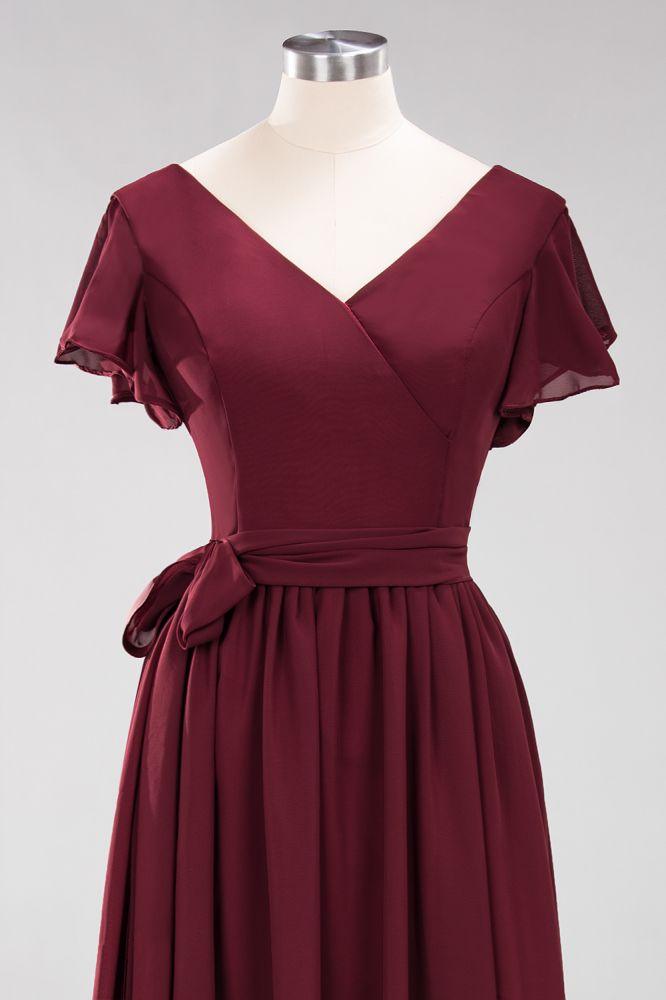 Misshow Elegant A-line V-Neck Short Sleeve Bridesmaid Dresses with Bow Sash Floor-Length Chiffon Evening Dress
