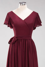 Misshow Elegant A-line V-Neck Short Sleeve Bridesmaid Dresses with Bow Sash Floor-Length Chiffon Evening Dress