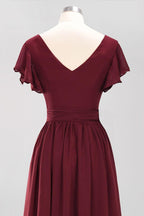 Misshow Elegant A-line V-Neck Short Sleeve Bridesmaid Dresses with Bow Sash Floor-Length Chiffon Evening Dress