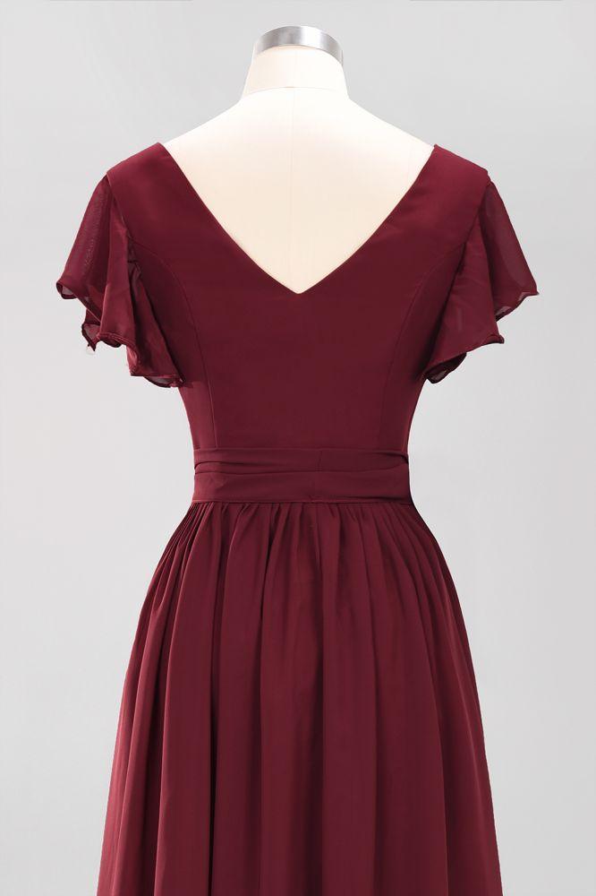 Misshow Elegant A-line V-Neck Short Sleeve Bridesmaid Dresses with Bow Sash Floor-Length Chiffon Evening Dress