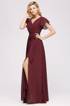 Misshow Elegant A-line V-Neck Short Sleeve Bridesmaid Dresses with Bow Sash Floor-Length Chiffon Evening Dress