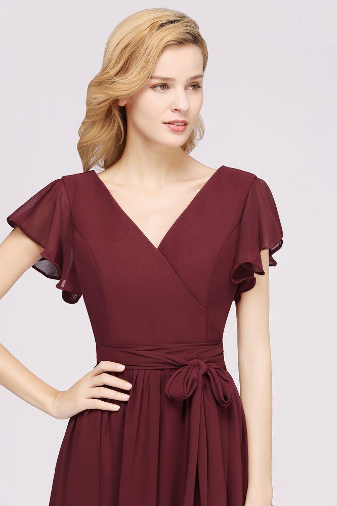 Misshow Elegant A-line V-Neck Short Sleeve Bridesmaid Dresses with Bow Sash Floor-Length Chiffon Evening Dress