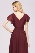 Misshow Elegant A-line V-Neck Short Sleeve Bridesmaid Dresses with Bow Sash Floor-Length Chiffon Evening Dress