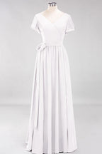Misshow Elegant A-line V-Neck Short Sleeve Bridesmaid Dresses with Bow Sash Floor-Length Chiffon Evening Dress