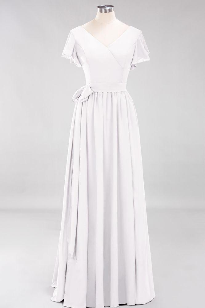 Misshow Elegant A-line V-Neck Short Sleeve Bridesmaid Dresses with Bow Sash Floor-Length Chiffon Evening Dress
