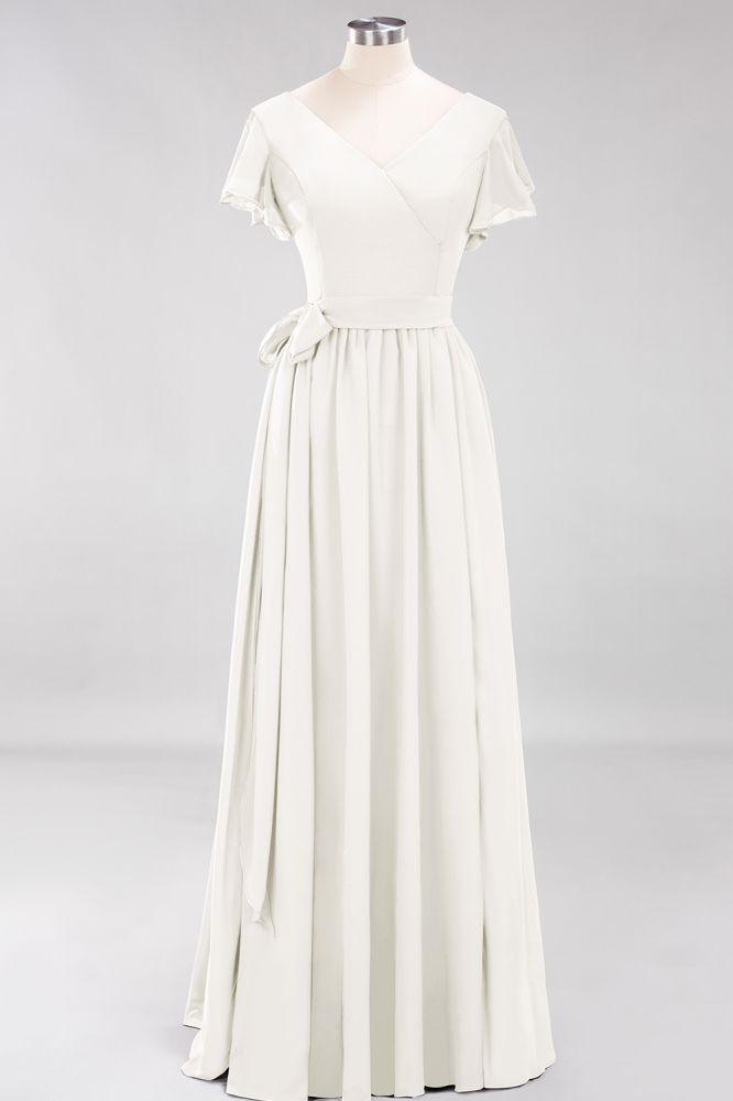 Misshow Elegant A-line V-Neck Short Sleeve Bridesmaid Dresses with Bow Sash Floor-Length Chiffon Evening Dress