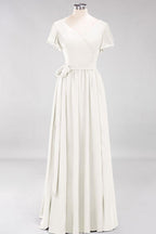 Misshow Elegant A-line V-Neck Short Sleeve Bridesmaid Dresses with Bow Sash Floor-Length Chiffon Evening Dress
