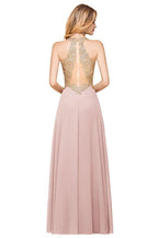 MisShow Women's Gold Appliques Evening Formal Dress Chiffon Lace Prom Long Ball Gown