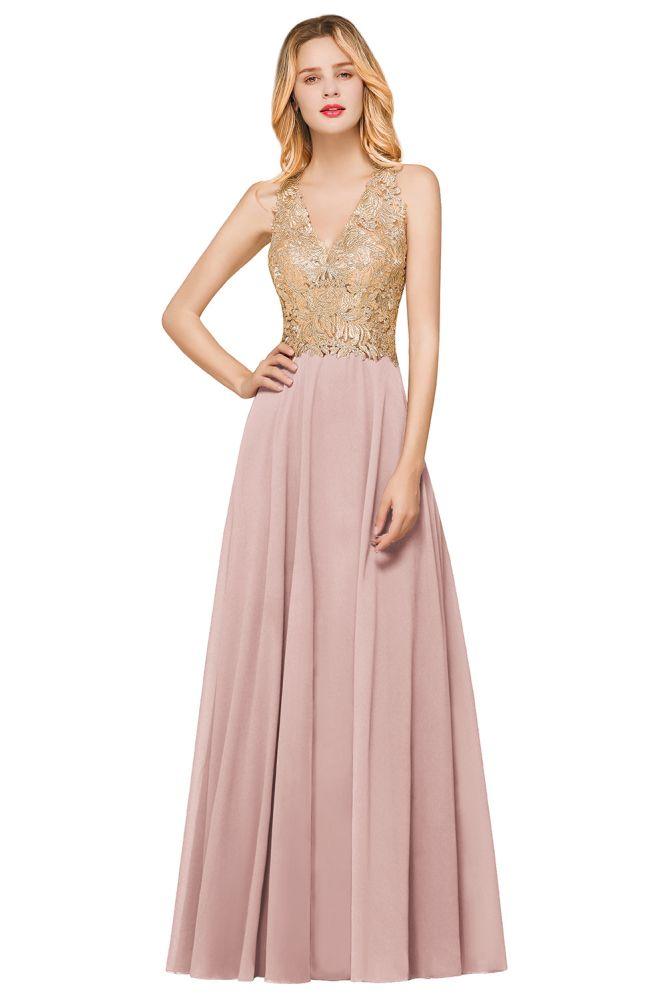 MisShow Women's Gold Appliques Evening Formal Dress Chiffon Lace Prom Long Ball Gown