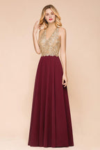 MisShow Women's Gold Appliques Evening Formal Dress Chiffon Lace Prom Long Ball Gown