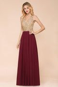 MisShow Women's Gold Appliques Evening Formal Dress Chiffon Lace Prom Long Ball Gown