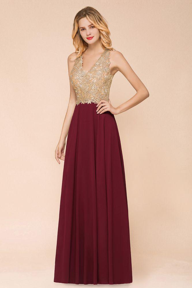 MisShow Women's Gold Appliques Evening Formal Dress Chiffon Lace Prom Long Ball Gown