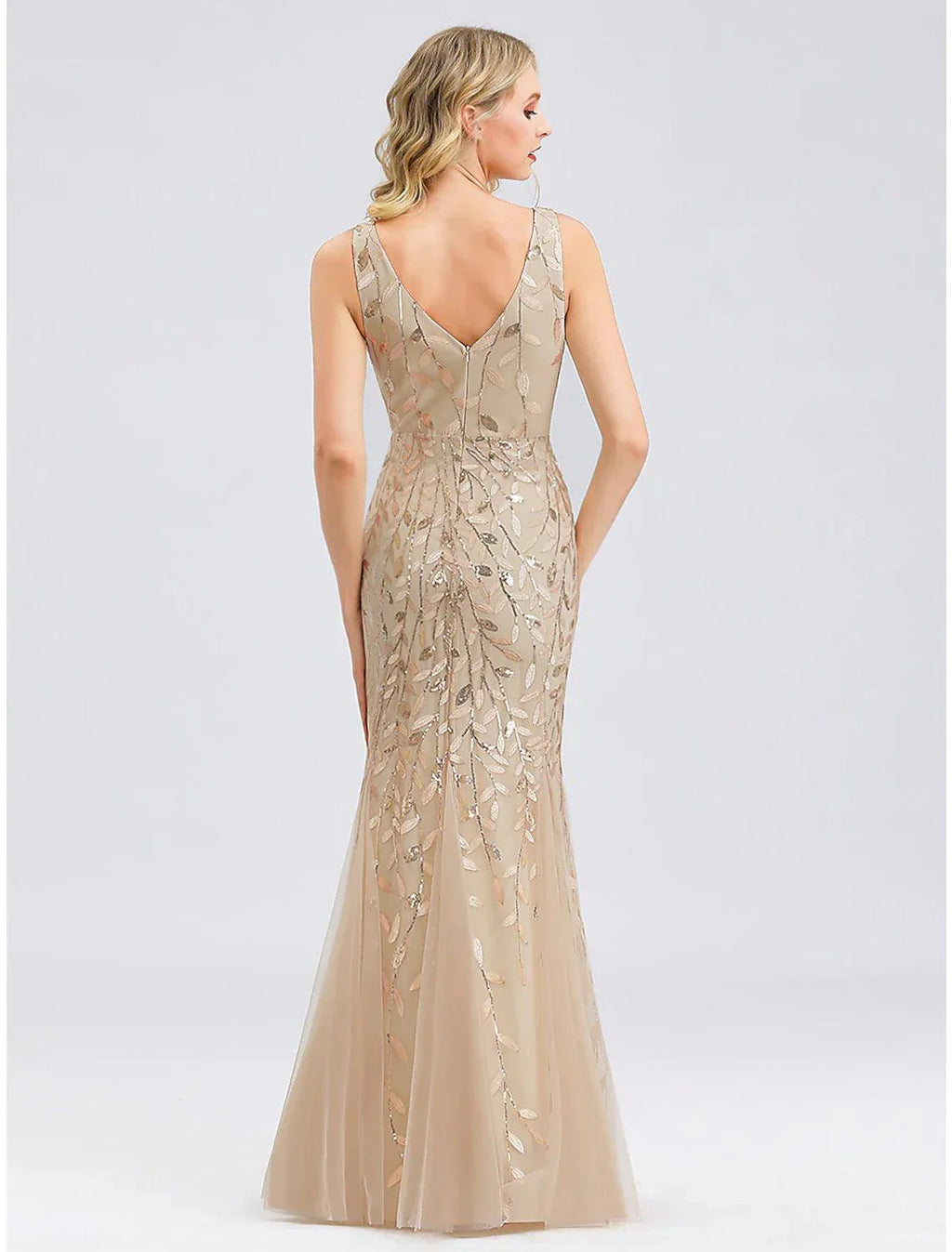 Mermaid / Trumpet Sparkle Sexy Prom Formal Evening Valentine's Day Dress V Neck V Back Sleeveless Floor Length Tulle with Sequin Appliques