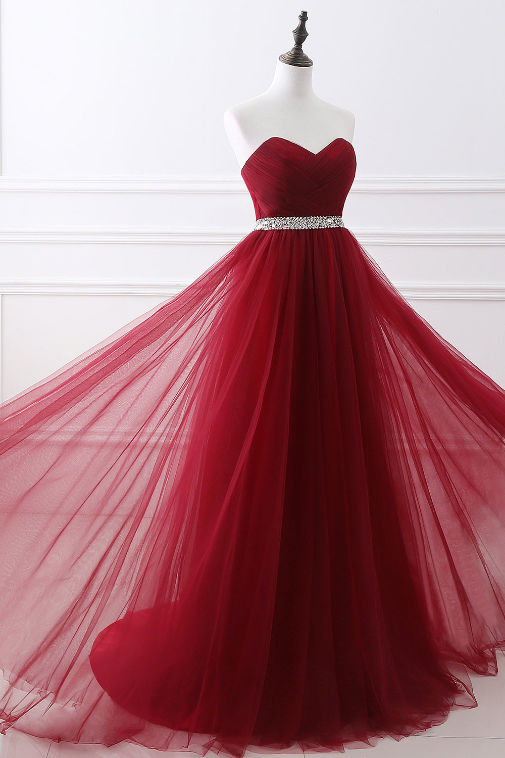 Modern Burgundy Long Prom Dress Tulle Crystal Evening Gown Sweetheart