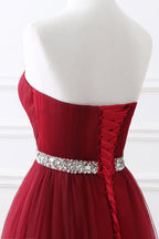 Modern Burgundy Long Prom Dress Tulle Crystal Evening Gown Sweetheart