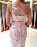 Modern Lace Sheath Prom Dress On Sale With Crystal One Shoulder