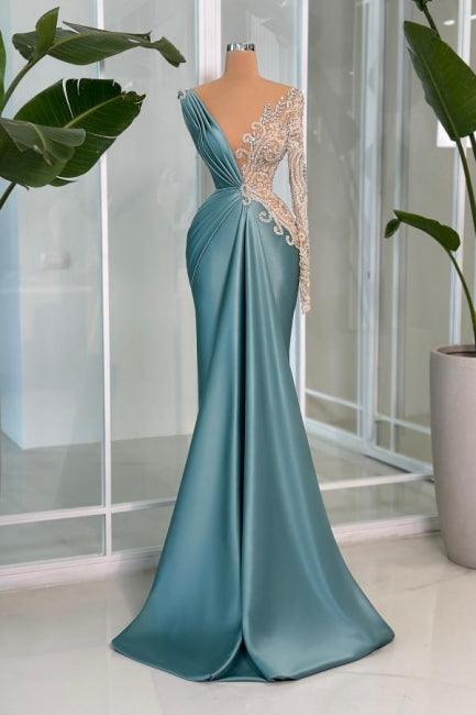 Modern Long Mermaid V-neck Lace Rhinestones Satin Long Sleeve Prom Dress