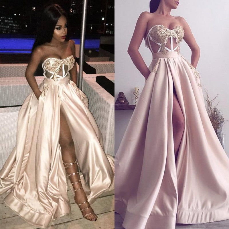 Modern Long Prom Dress Slit Ball Dresses Appliques Sweetheart