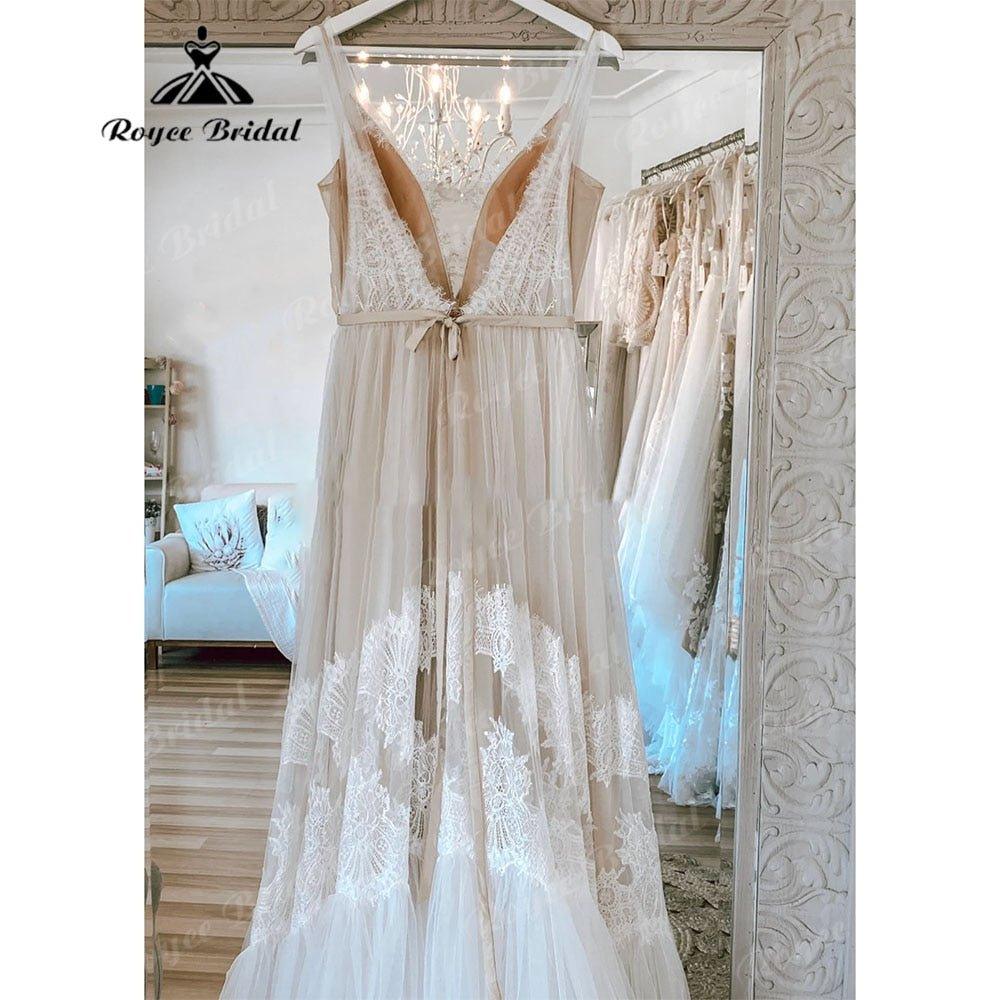 Modest Lace Boho Bohemian Beach Wedding Dress with Deep V Neck Backless 2025 Bridal Dresses for Wedding Custom Made NumberSea