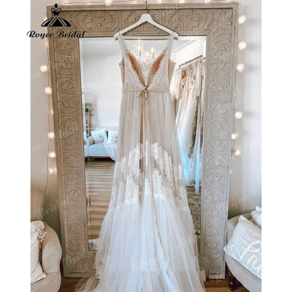 Modest Lace Boho Bohemian Beach Wedding Dress with Deep V Neck Backless 2025 Bridal Dresses for Wedding Custom Made NumberSea
