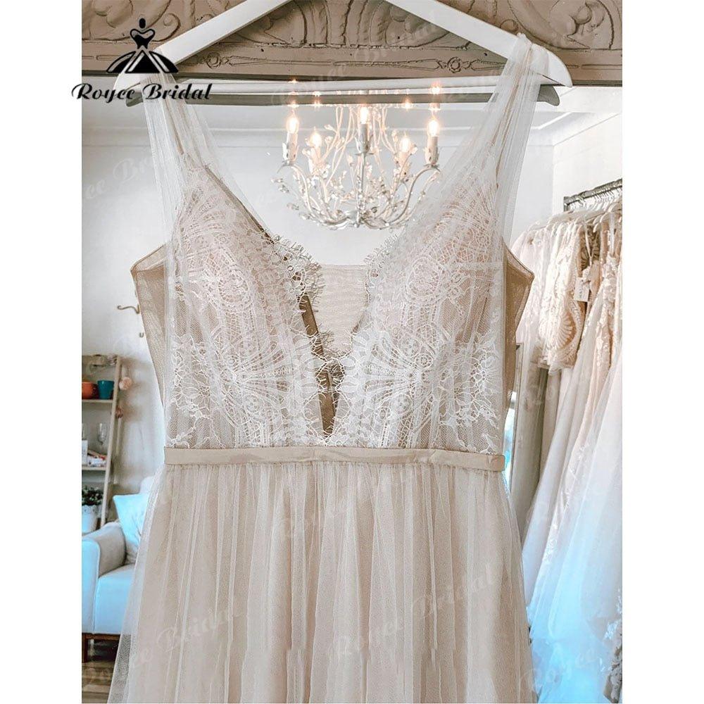Modest Lace Boho Bohemian Beach Wedding Dress with Deep V Neck Backless 2025 Bridal Dresses for Wedding Custom Made NumberSea