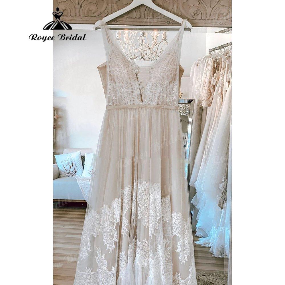 Modest Lace Boho Bohemian Beach Wedding Dress with Deep V Neck Backless 2025 Bridal Dresses for Wedding Custom Made NumberSea