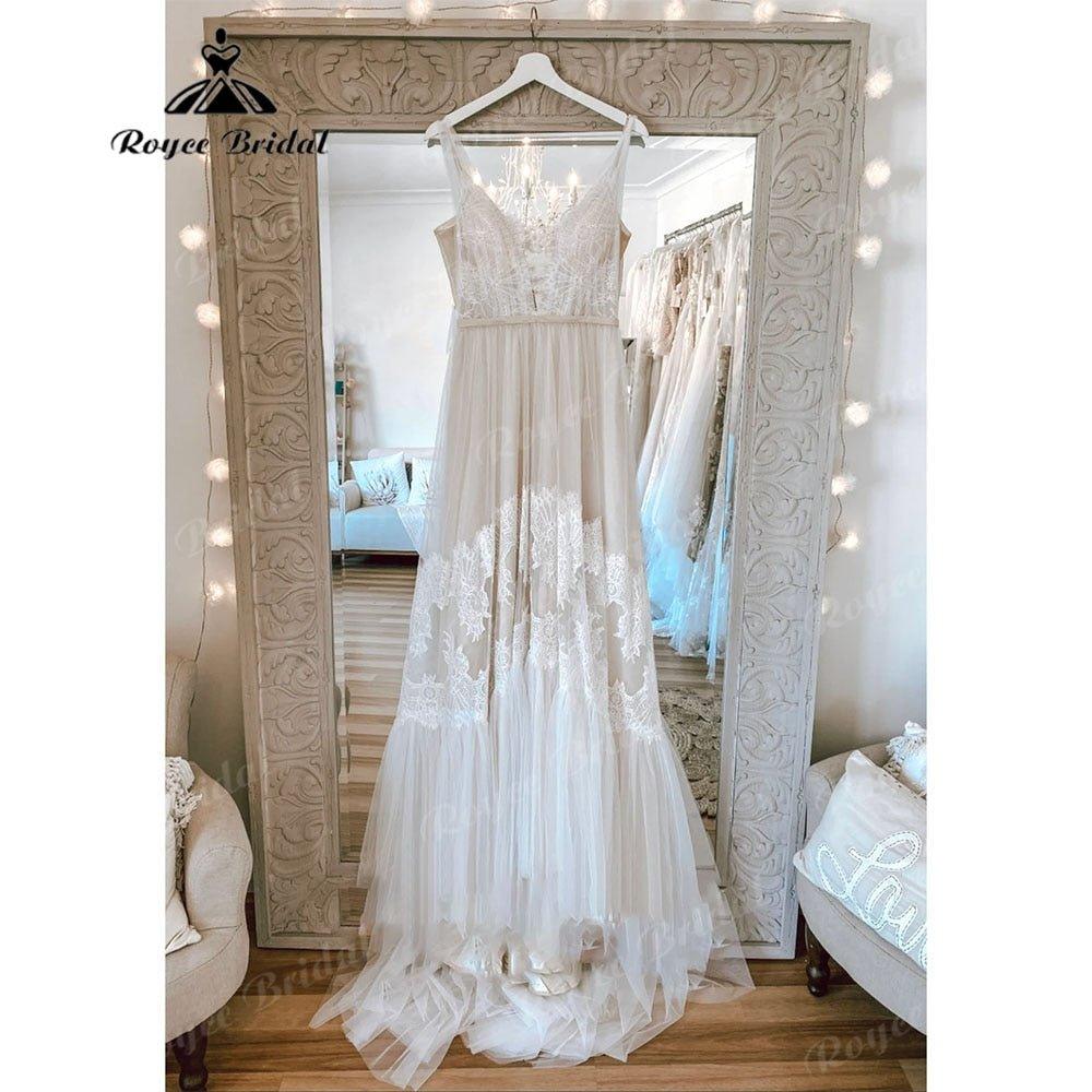 Modest Lace Boho Bohemian Beach Wedding Dress with Deep V Neck Backless 2025 Bridal Dresses for Wedding Custom Made NumberSea