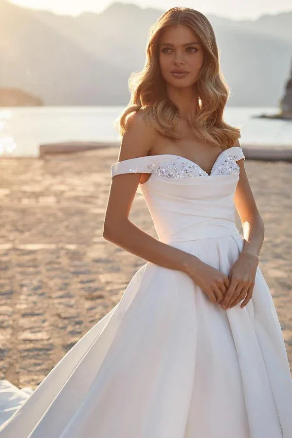 Long A-line off the Shoulder Ruched Satin Wedding Dress with Crystals