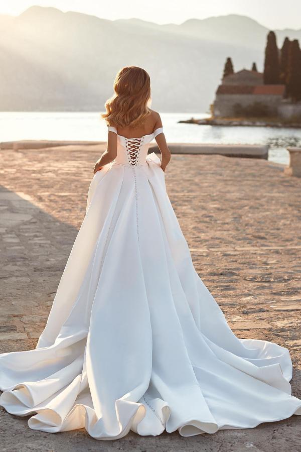 Long A-line off the Shoulder Ruched Satin Wedding Dress with Crystals
