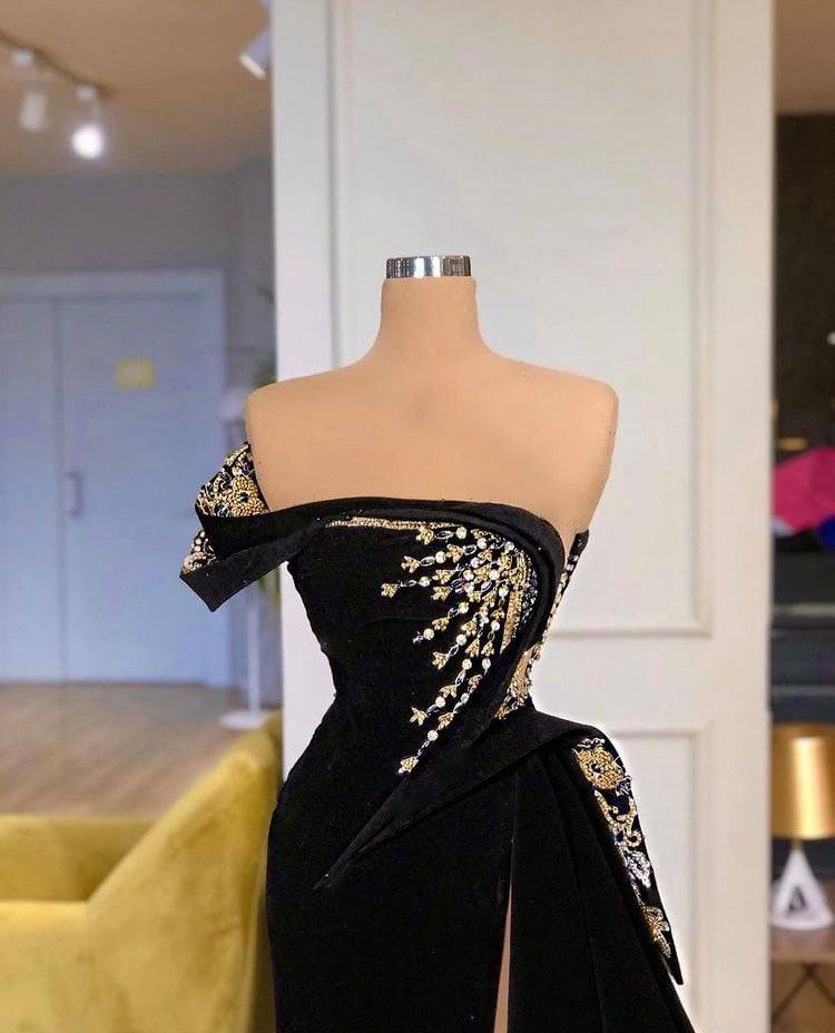 Modest Strapless Split Front A-line Prom Dress With Beading