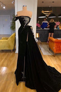 Modest Strapless Split Front A-line Prom Dress With Beading