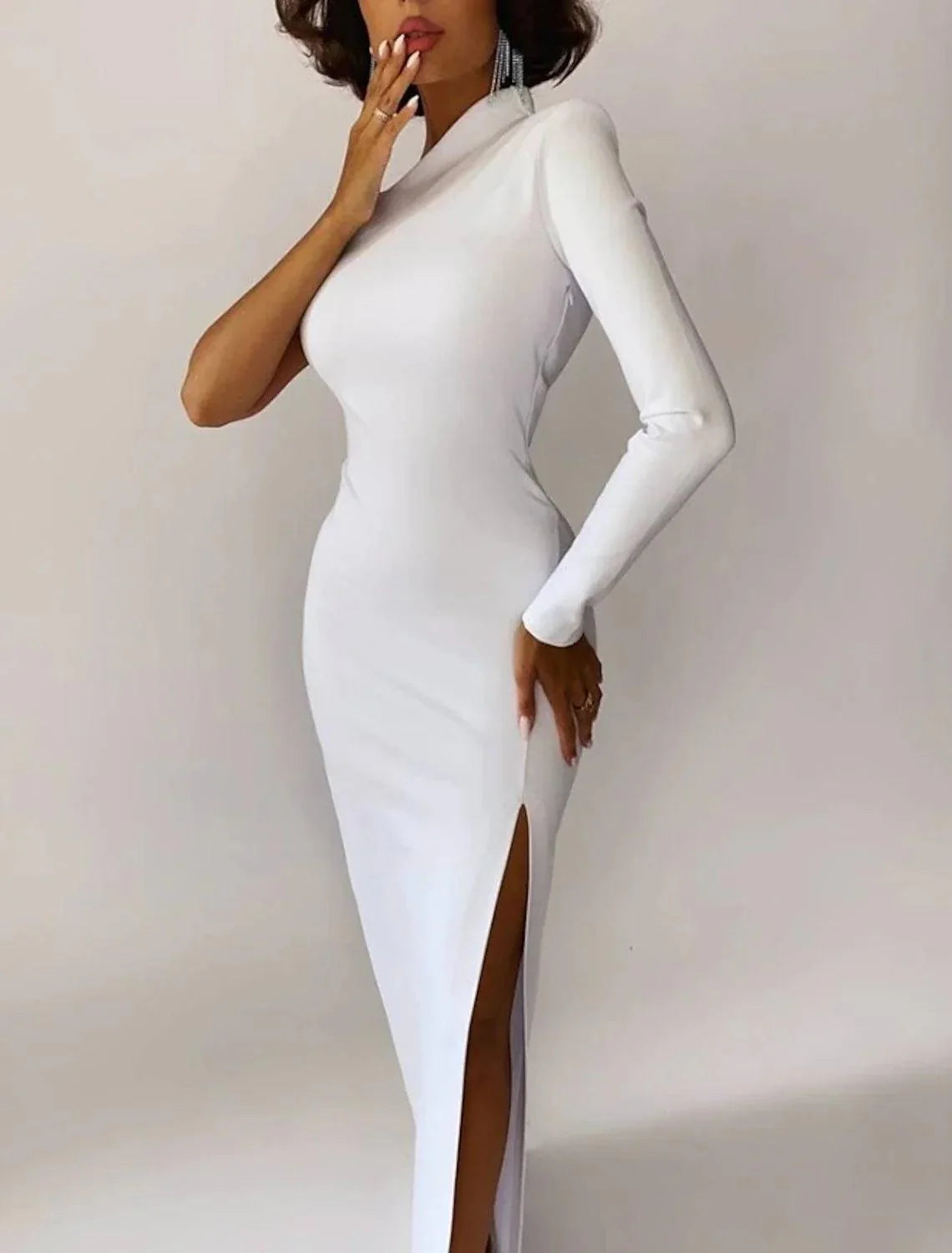 Mermaid Black Dress Plus Size Evening Gown Minimalist Dress Formal Evening Sweep / Brush Train Long Sleeve One Shoulder Fall Wedding Guest Stretch Fabric with Slit Pure Color