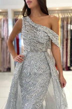 Noble oneshoulder sleeveless mermaid lace prom dress sequied