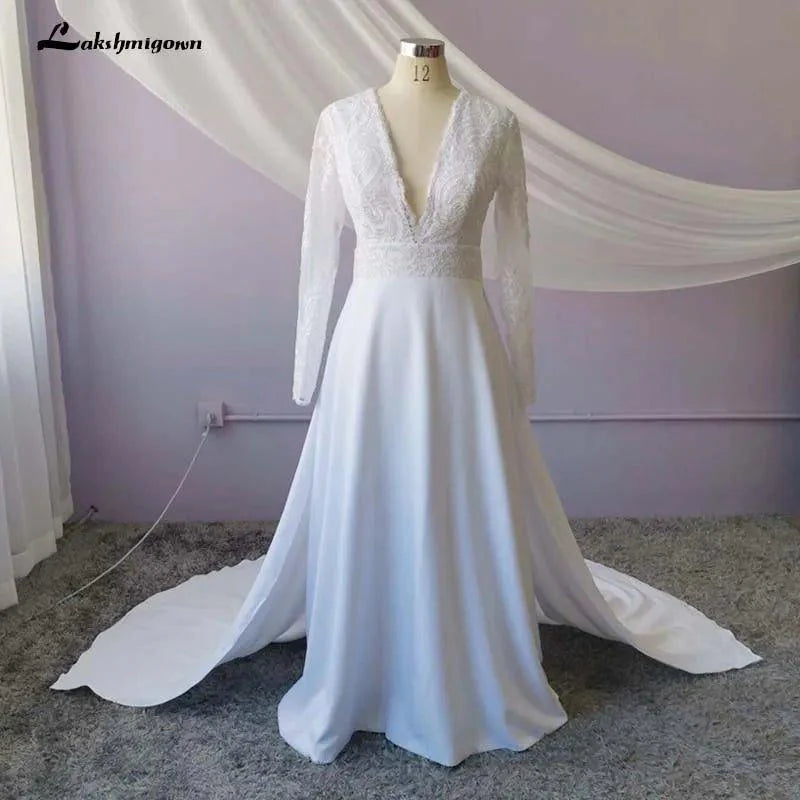 NumberSea Long White Lace A-line Wedding Dresses Bridal Gowns with see-through long sleeves vestido de noiva real photos