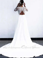NumberSea Long White Lace A-line Wedding Dresses Bridal Gowns with see-through long sleeves vestido de noiva real photos